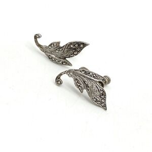 Vintage Sterling‎ Silver Marcasite Leaf Earrings Screw Back